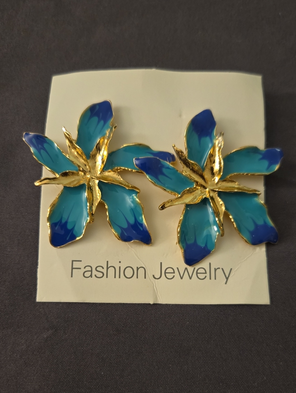 Fashion Jewelry Teal and Blue Floral Gold-Trim Earrings